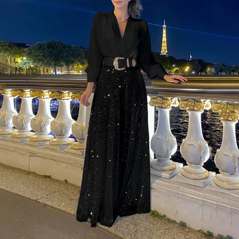 Bő jumpsuit hosszú ujjú, garbós inggel kombinálva