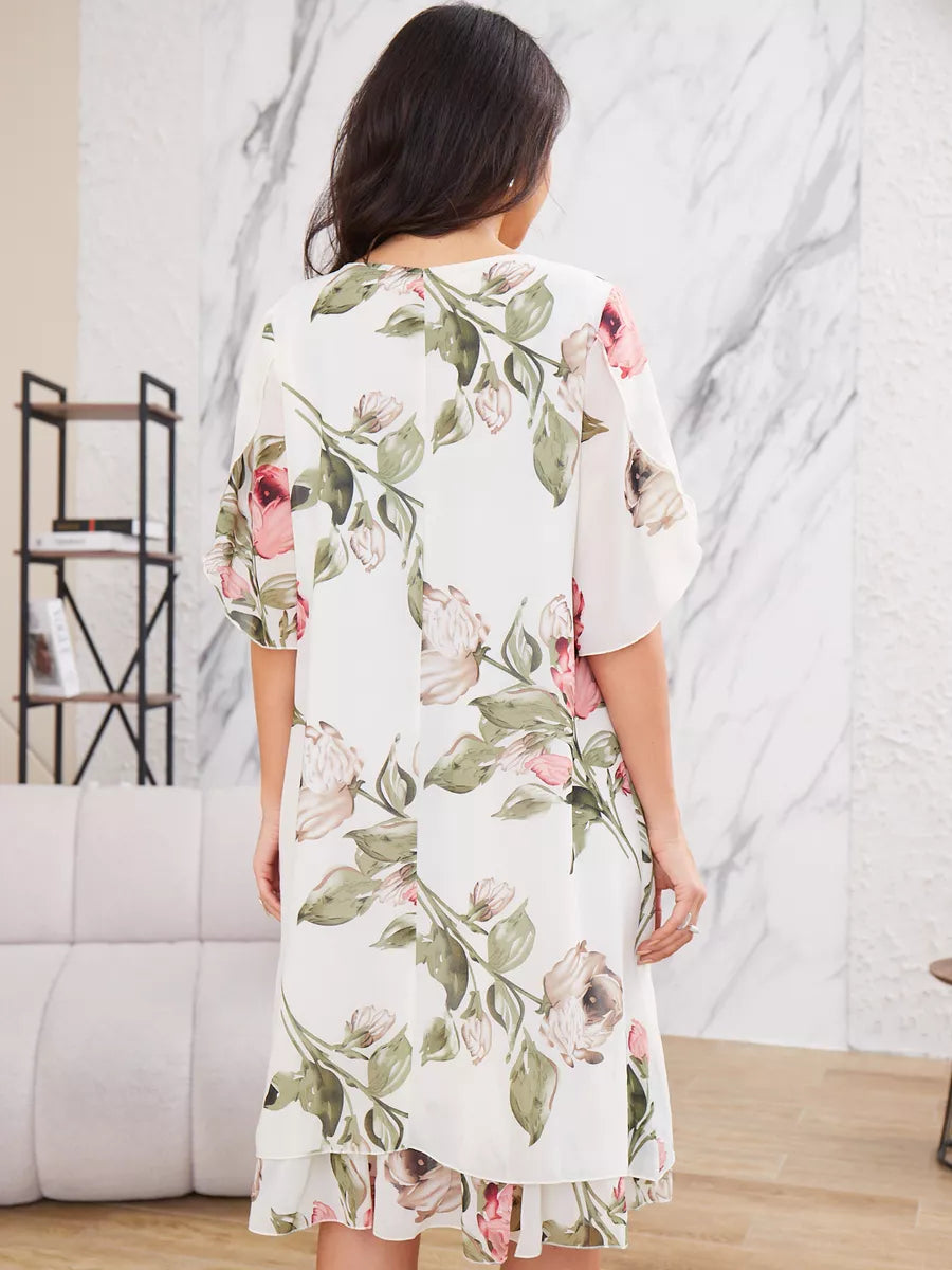❀Elegáns női félujjú sifon ruha mintával