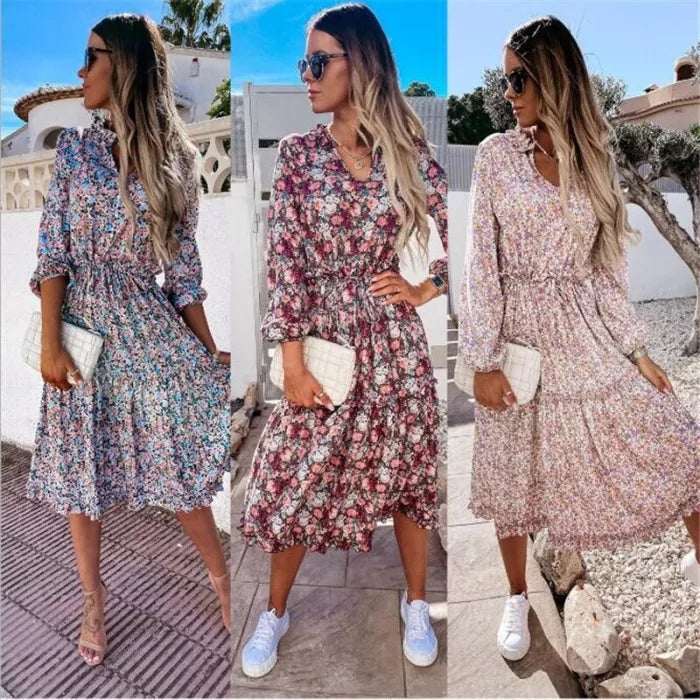 Boho virágmintás alkalmi tengerparti alkalmi hosszú ujjú ruha