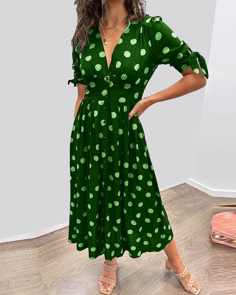 💃Pöttyös ruha mély V-kivágással